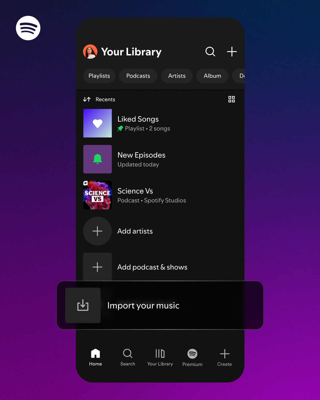 a screenshot showing "your library" on iOS' Spotify app