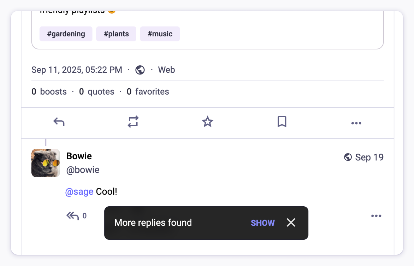 a screenshot showing "more replies found" in response to a quote post.