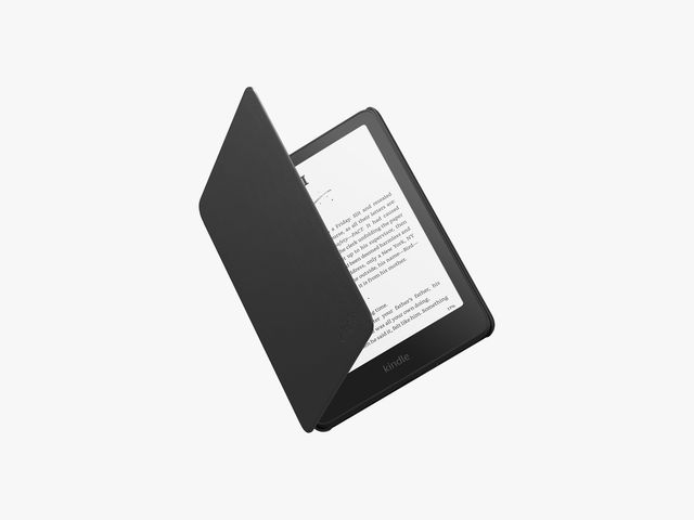 Amazon Kindle Plant-Based Leather Case shown covering a device with the page of an e-book on the screen of the e-reader