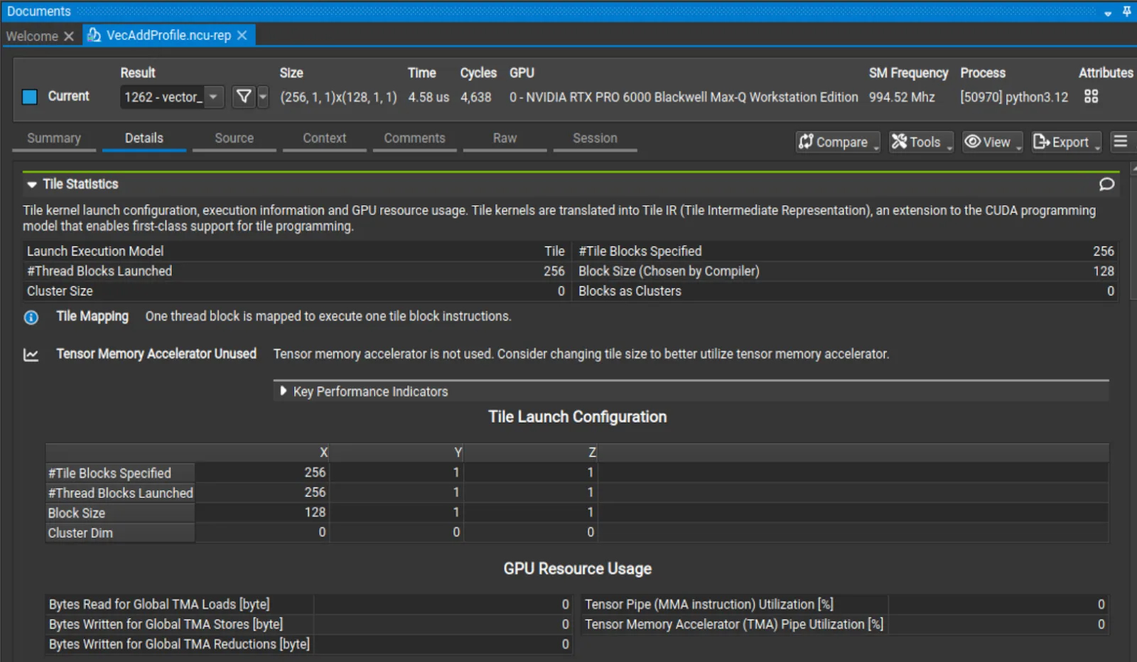 Profile generated from Nsight Compute, showing the tile statistics for the vector_add kernel
