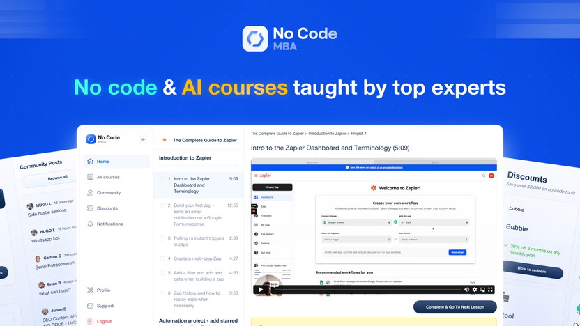 No Code MBA Learn how to build AI apps, marketplaces, websites, automations, and more. Designed for beginners.