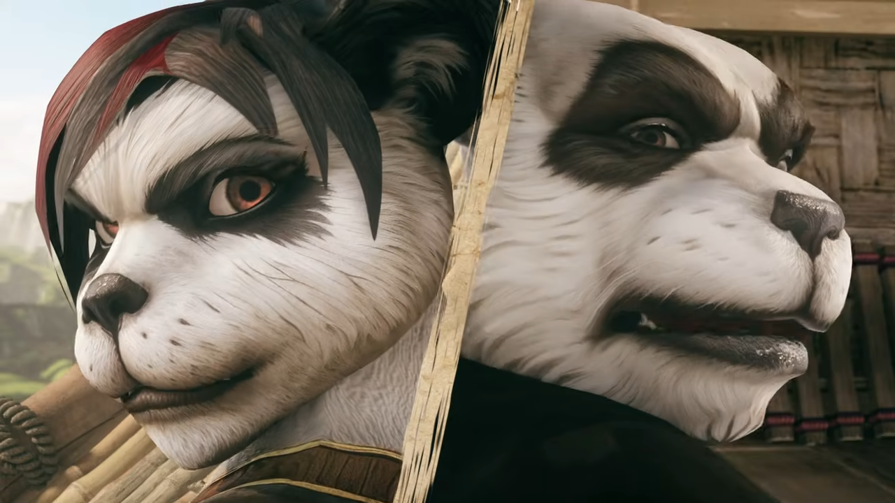 Two World of Warcraft Pandaren characters back-to-back with focused looks on their faces