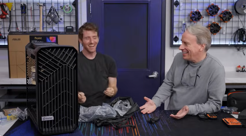 Linus Tech Tips with Linus Torvalds (laughing - screenshot from December 2025 appearamce)