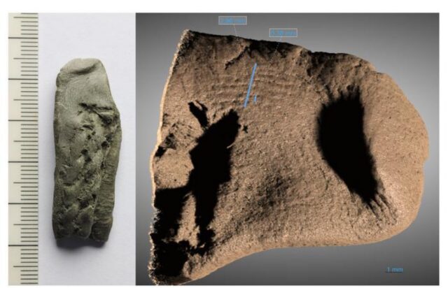 Photo of caulking fragment showing fingerprint on the left and high-resolution x-ray tomography scan of fingerprint region on the right.