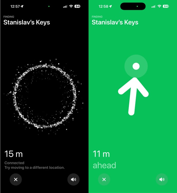 screenshots from iphone showing AirTag range