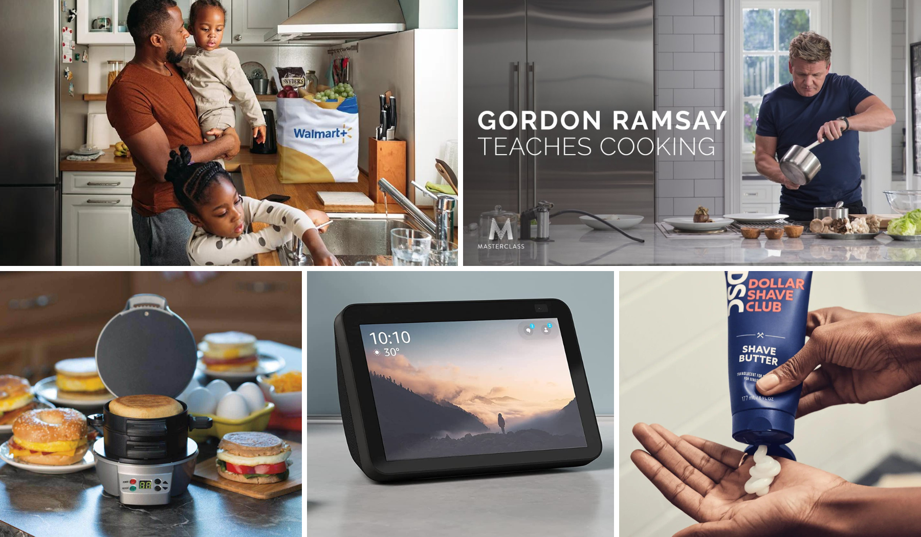 Person with kids in kitchen / ad for Gordon Ramsey episode of MasterClass / breakfast sandwich maker and food on countertop / Echo Show with landscape and time on screen / person's hands holding shaving cream / 