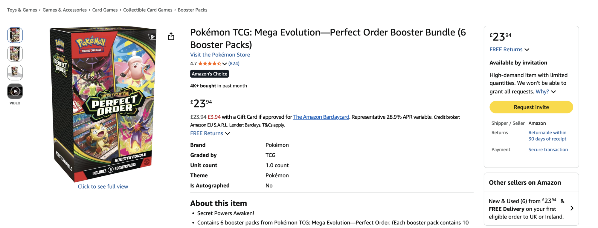 A screenshot from an Amazon product page showing a box of Pokémon cards.