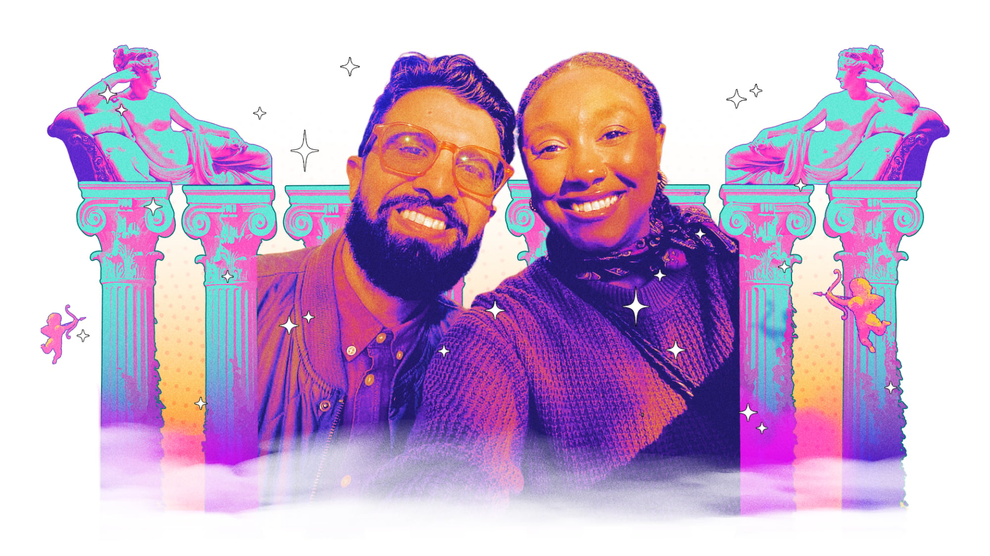 brian, a man with glasses, and portia, in between greek statues