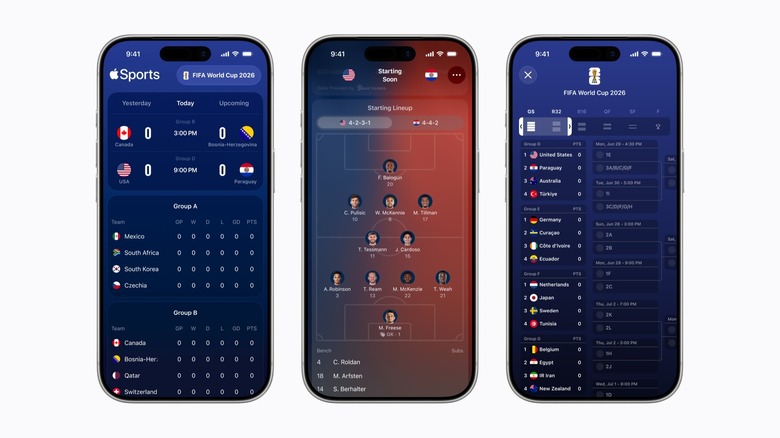 Illustration of three smartphones displaying the Apple Sports app with details about World Cup 2026