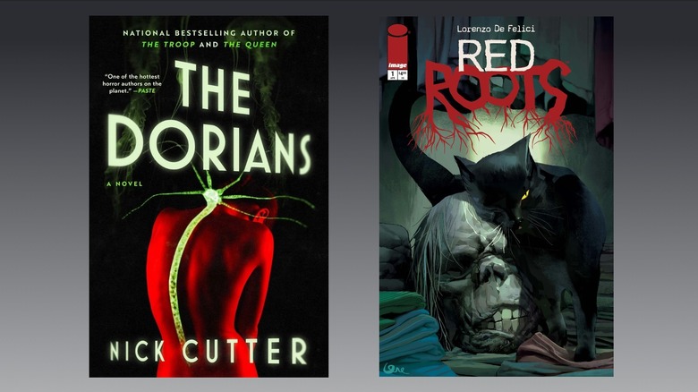 Book covers for The Dorians and Red Roots on a gray gradient background