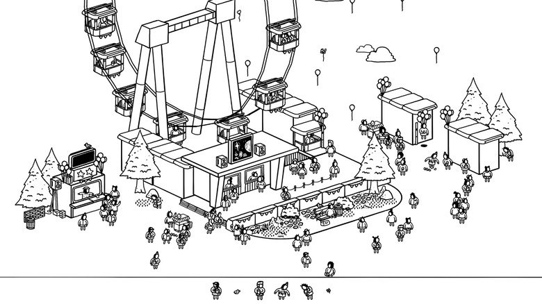 A screenshot from Hidden Folks 2 showing a hand drawn scene with a ferris wheel and tiny people