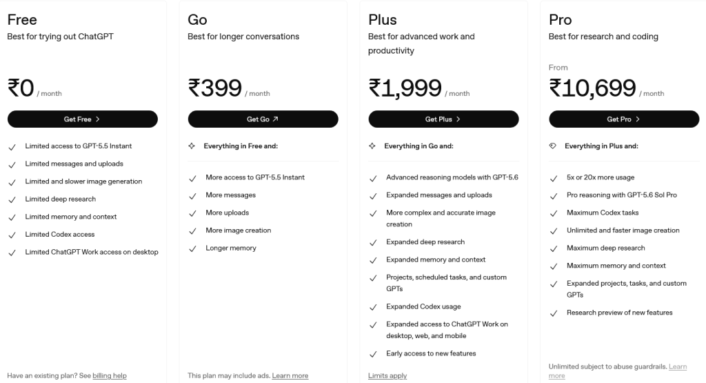 ChatGPT plan pricing in India