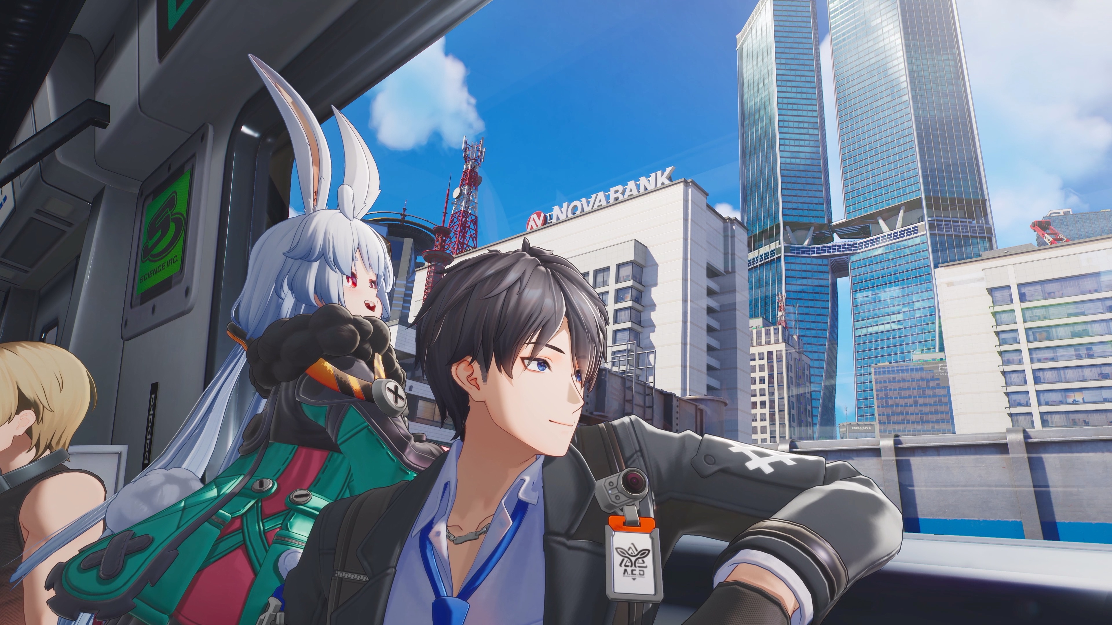 Ananta - The Captain and a bunny girl character look out a train window at glass sky scrapers in a city