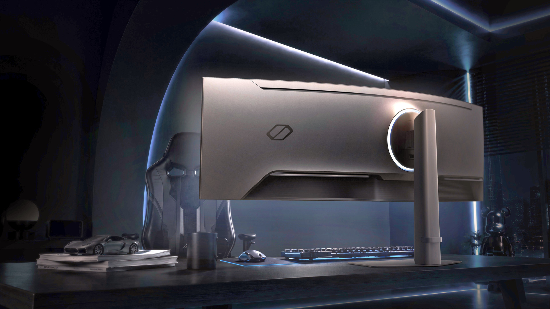 A rear-angle render of the super ultrawide Samsung Odyssey OLED G95SJ.