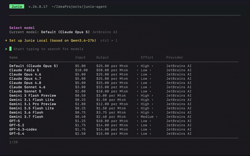 Junie’s model selector offers Junie Local alongside its cloud-hosted models
