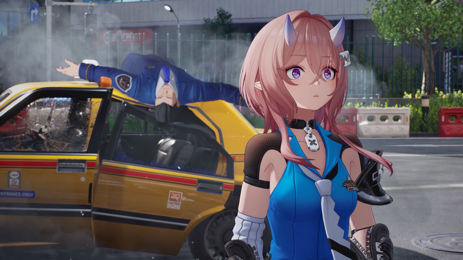 Ananta - A pink haired character looks surprised while a man lies on top of a crushed car behind her