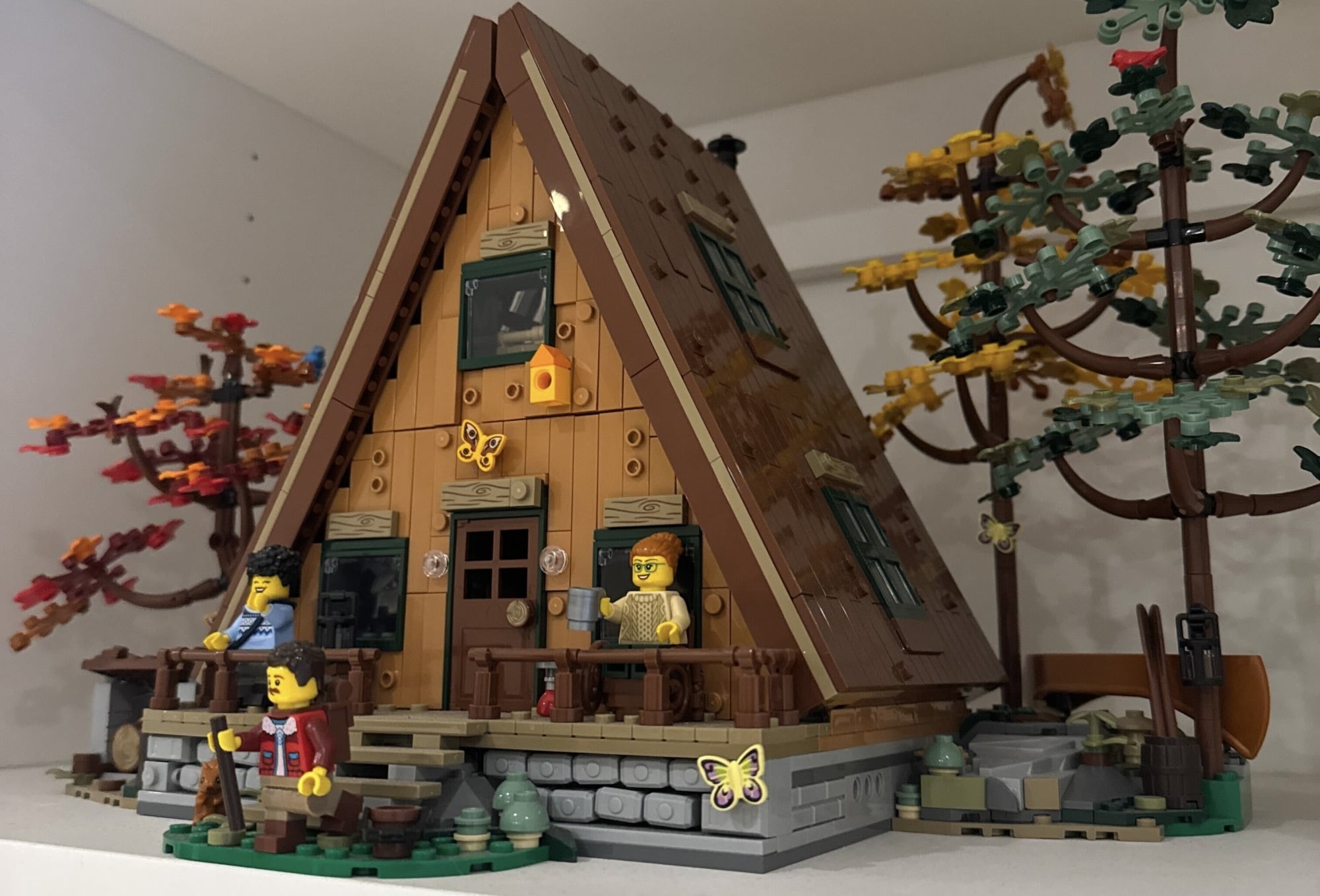 Lego Ideas A-Frame Cabin on white bookshelf