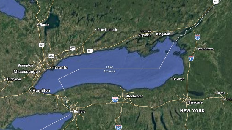 A screenshot from Google Maps showing Lake Ontario relabeled as Lake America.