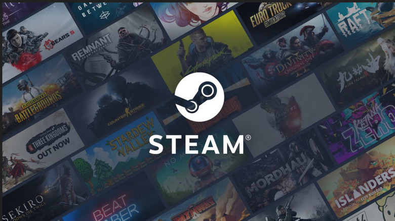 Steam logo in front of overlay of games