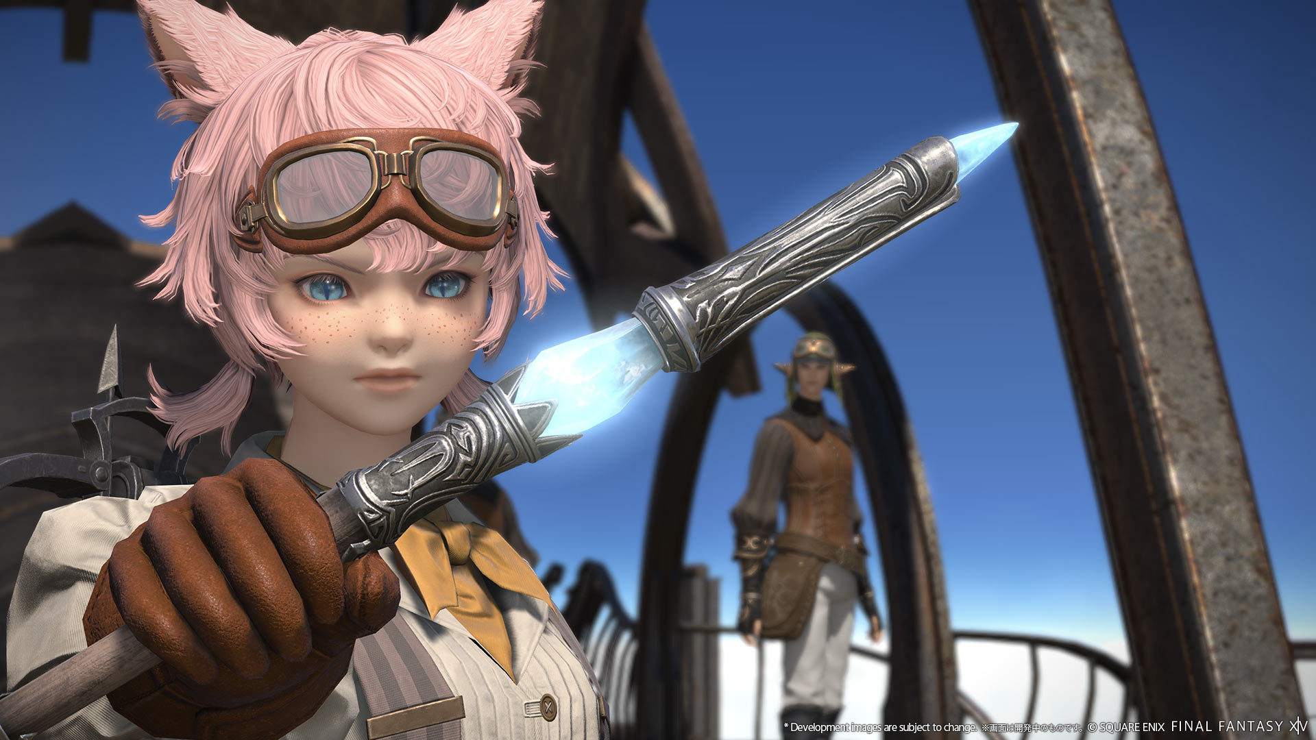 A catgirl from Final Fantasy 14 holds up her crossbow bolt. On her back is a visible crossbow weapon.